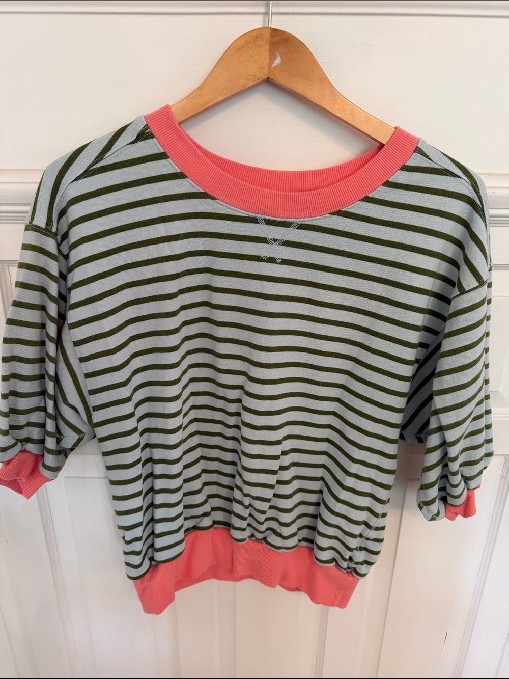 Pilcro Striped Pullover Sweatshirt in Olive Green and Coral Pink